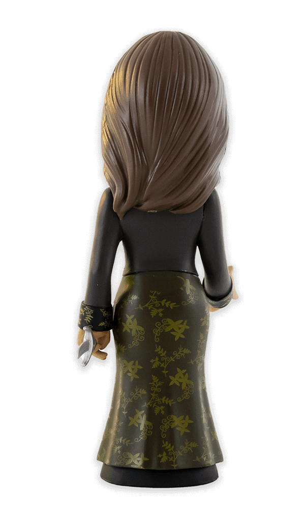 Back view of Minix The Witcher Yennefer vinyl figure depicting Yennefer in a dark green dress with gold leaf patterns and holding a silver dagger