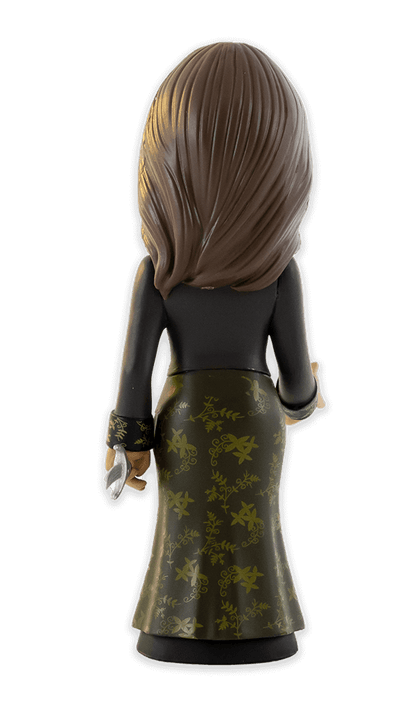 Back view of Minix The Witcher Yennefer vinyl figure depicting Yennefer in a dark green dress with gold leaf patterns and holding a silver dagger