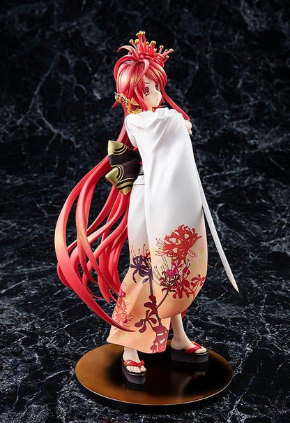 Stunning anime figure of a woman with long red hair and a white and orange kimono with red spider lily flowers standing