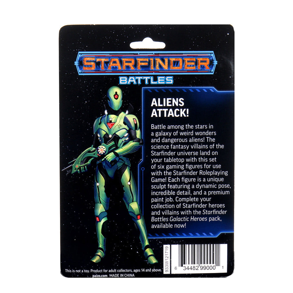 A green armored Starfinder alien figure holding a futuristic rifle on a product package