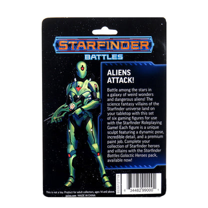 A green armored Starfinder alien figure holding a futuristic rifle on a product package