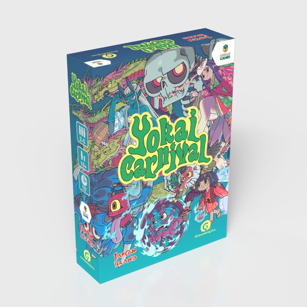 Yokai Carnival board game box, featuring vibrant, detailed artwork of a large skull and various Japanese spirits