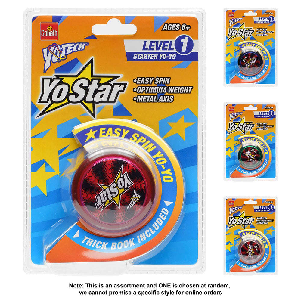 Packaged red YoStar Level 1 Starter Yo-Yo with &#39;Trick Book Included&#39; on an orange and blue starry background