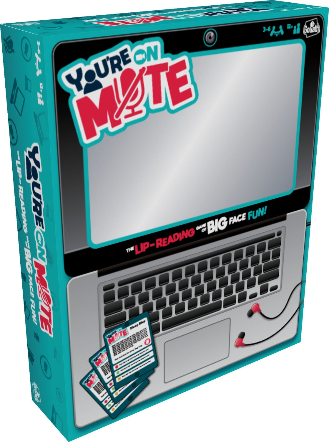 You're on Mute board game box, featuring a laptop design with screen, keyboard, earbuds, and game cards for lip-reading