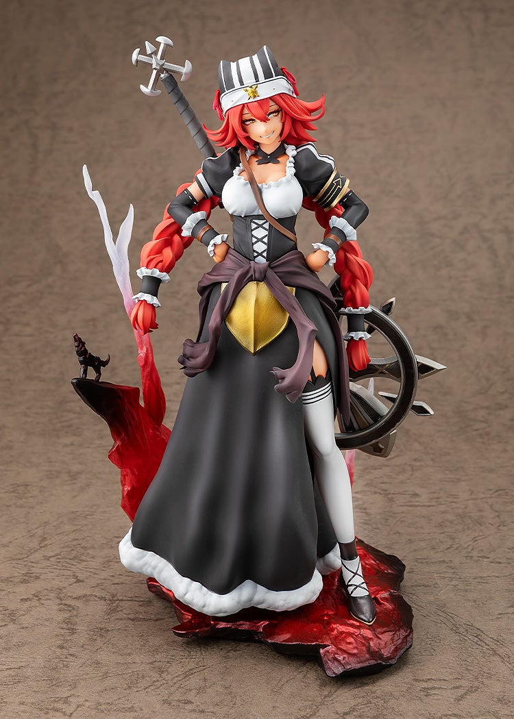 Anime figure of a smirking red-haired woman in a black maid dress, striped hat, hands on hips, with a large spiked flail