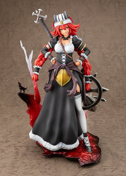 Anime figure of a smirking red-haired woman in a black maid dress, striped hat, hands on hips, with a large spiked flail
