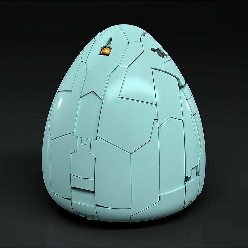 A sleek futuristic pale teal egg-shaped object covered in overlapping hexagonal and rectangular panels