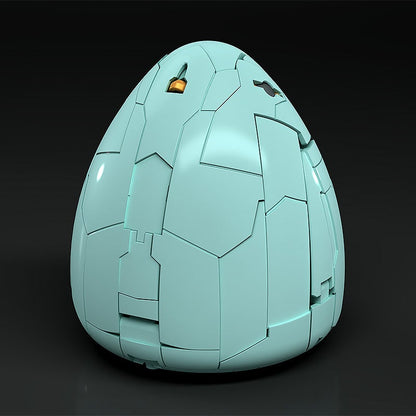 A sleek futuristic pale teal egg-shaped object covered in overlapping hexagonal and rectangular panels