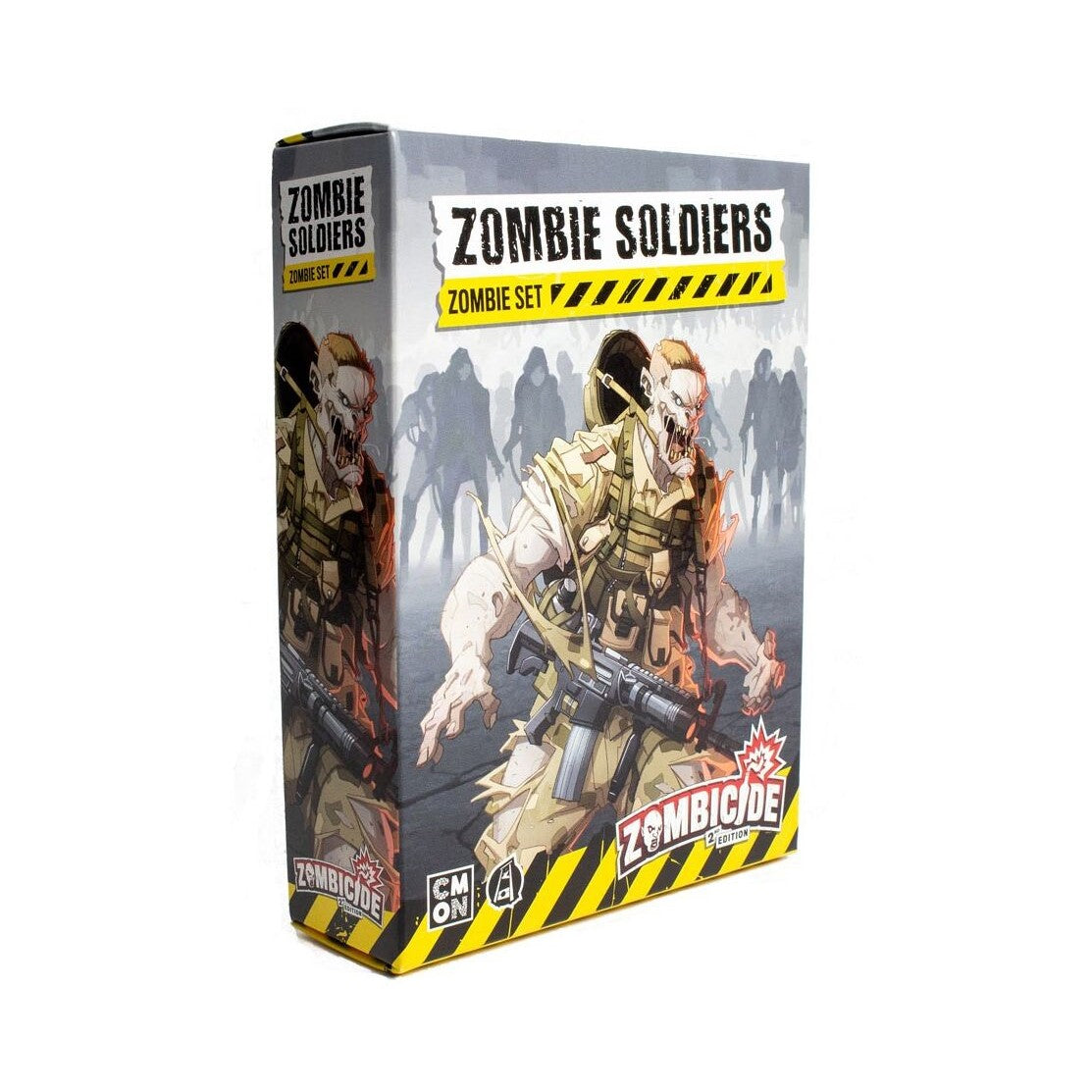 Zombicide 2nd Edition Zombie Soldiers box featuring a grotesque military zombie with a rifle and silhouetted zombies