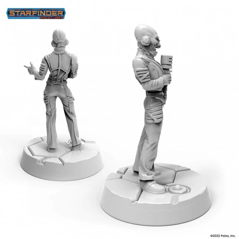 Two grey, unpainted Starfinder Zo! miniatures. One points, the other shouts into a microphone
