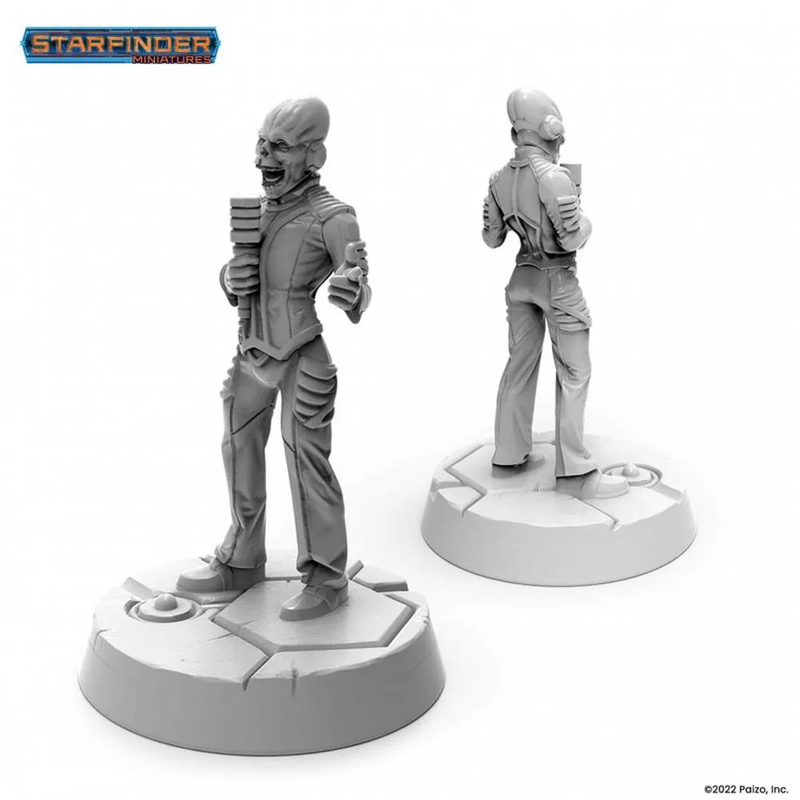 Two unpainted gray Starfinder Zo! miniatures. Front alien shouts, holding a device and pointing. Second alien stands with back turned