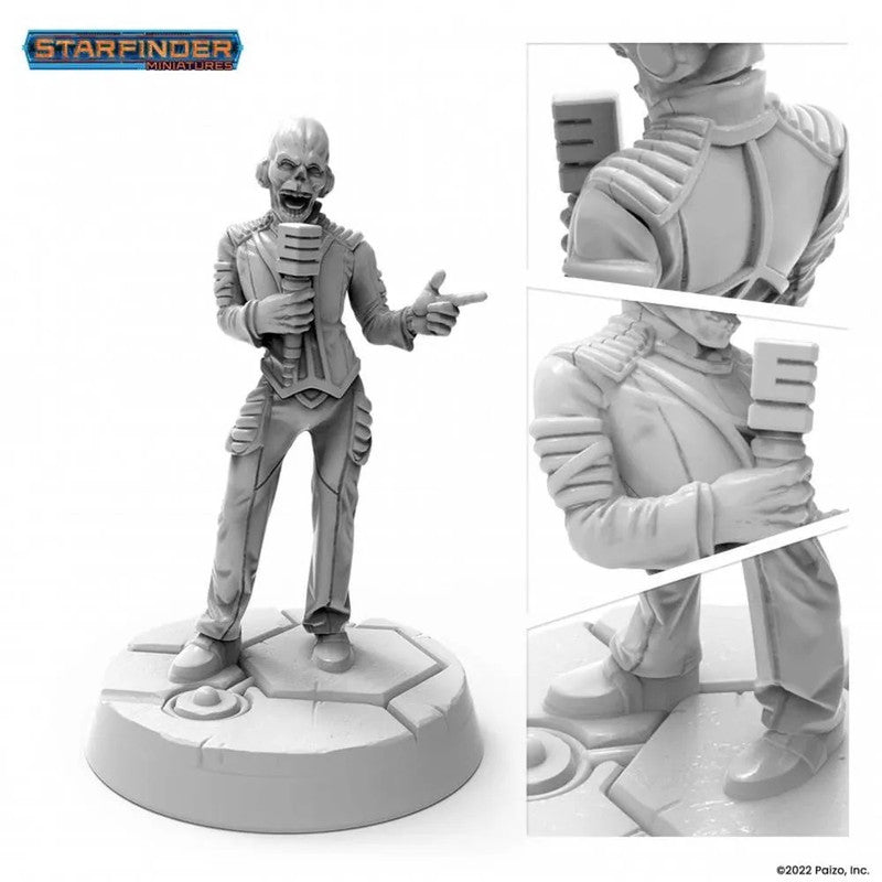 Gray Starfinder Zo! miniature of a skeletal-faced figure in a sci-fi suit holding a microphone and pointing, on a base