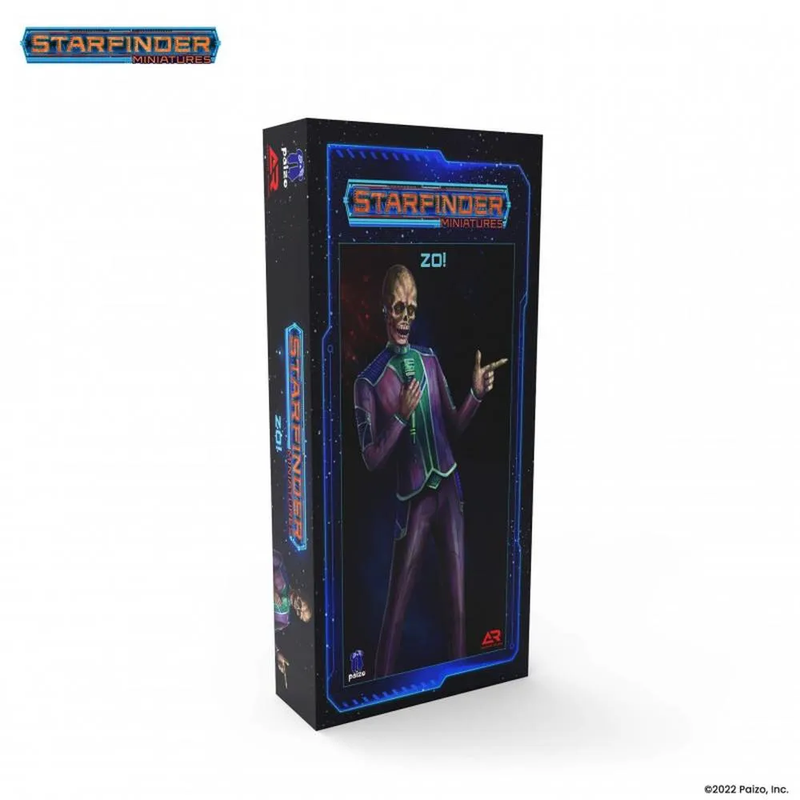 Starfinder Miniatures box featuring Zo!, a skeletal character in a purple suit holding a mic and pointing