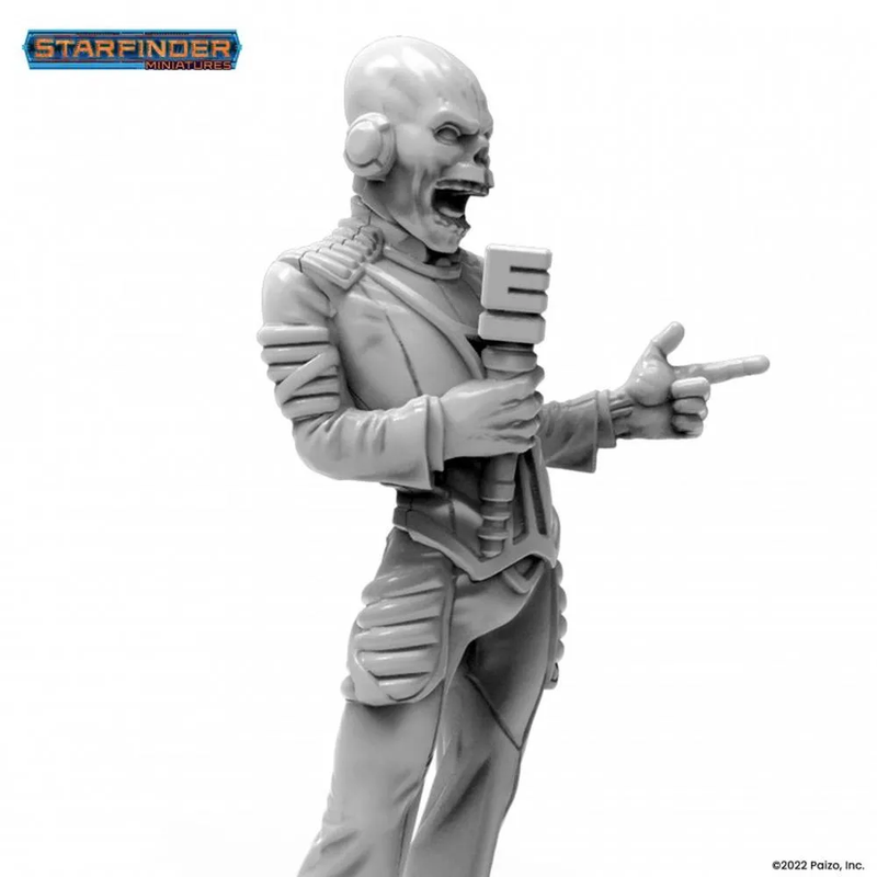 Grey Starfinder Zo! miniature: Yelling alien in a ribbed suit with headphones, holding a mic and pointing
