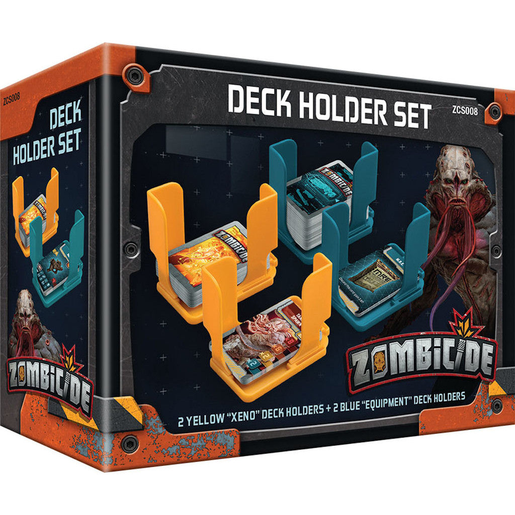 Zombicide Deck Holder Set box displays two yellow and two blue card holders filled with game cards