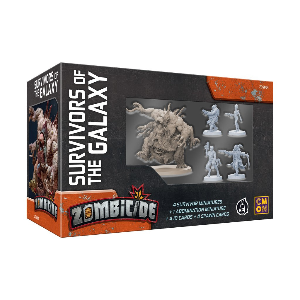 Zombicide: Survivors of the Galaxy box showing a large monster and four survivor miniatures through a clear window
