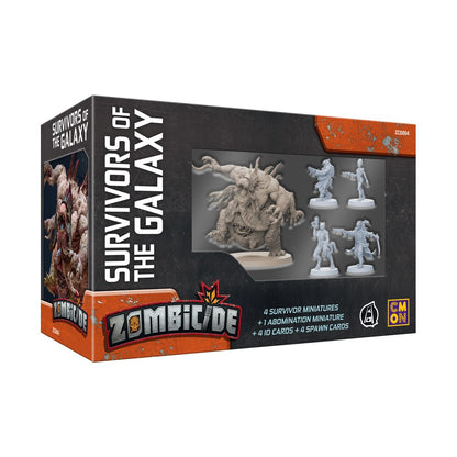 Zombicide: Survivors of the Galaxy box showing a large monster and four survivor miniatures through a clear window