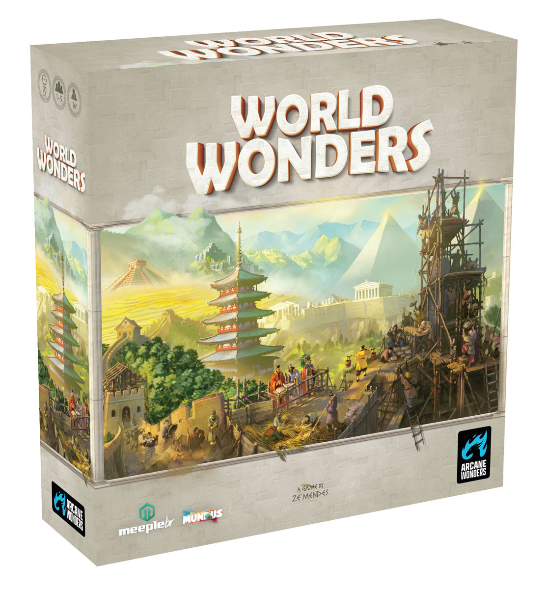 World Wonders board game box showing diverse ancient wonders like a pagoda, pyramid, and large structure being built.