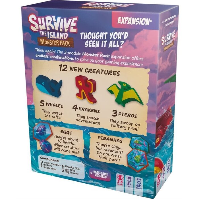 Survive The Island Monster Pack board game expansion box showing new creatures and components