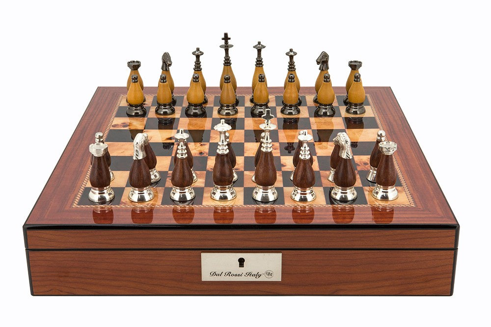 Dal Rossi Chess Set Staunton Metal/Wood on 16 Shiny Walnut Box Board - Good Games