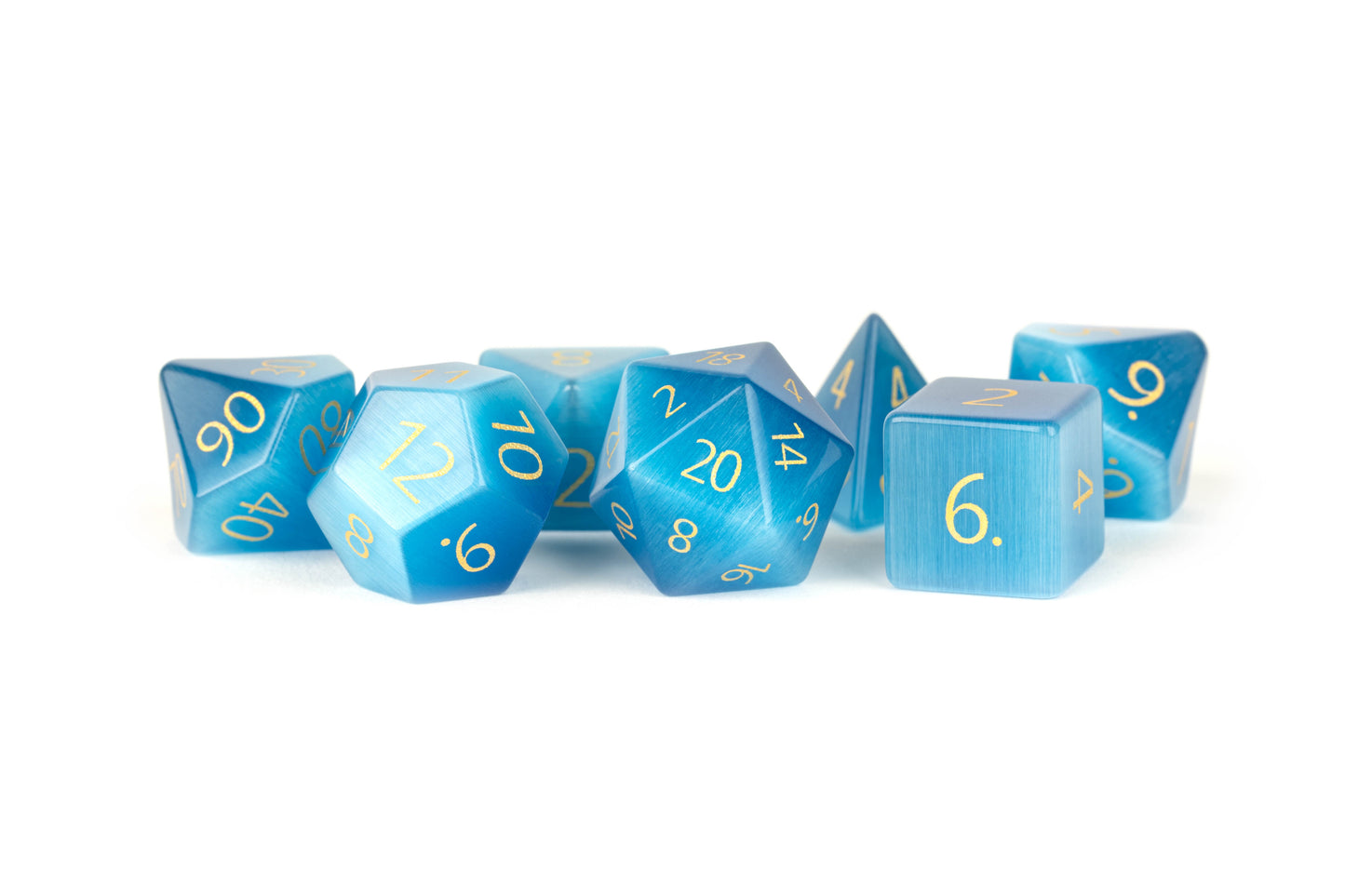 Metallic Dice Games - Gemstone 16mm Polyhedral Dice Set - Engraved Cats Eye Aquamarine - Good Games