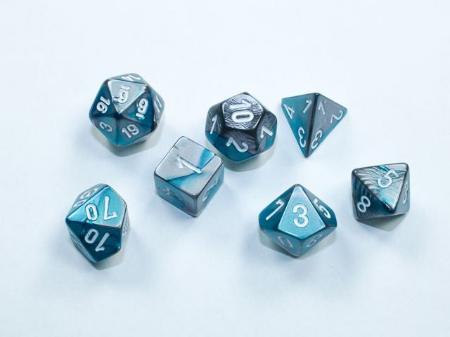Chessex - Gemini Mini Steel-Teal/White 7 Die Set CHX 20656 - Good Games