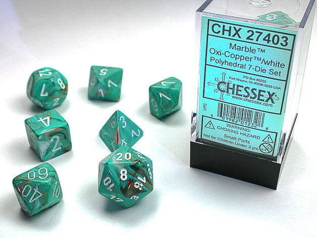 Chessex - Dice Sets: Marble Mini-Polyhedral Oxi-Copper / white 7-Die Set - Good Games
