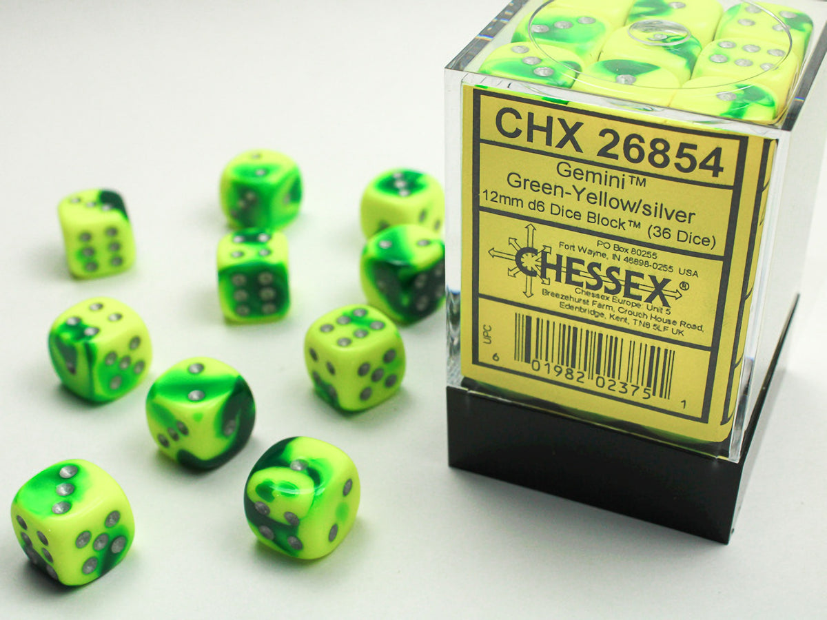 Chessex - Gemini 12mm D6 Set - Green Yellow/Silver (CHX26854) - Good Games