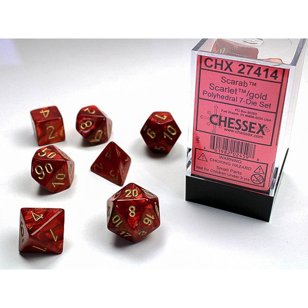 Chessex - Dice Sets: Scarab Mini-Polyhedral Scarlet / gold 7-Die Set - Good Games