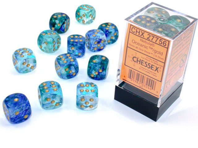 Chessex - Nebula Luminary 16mm 12 Die Set - Oceanic/Gold (CHX 27756)