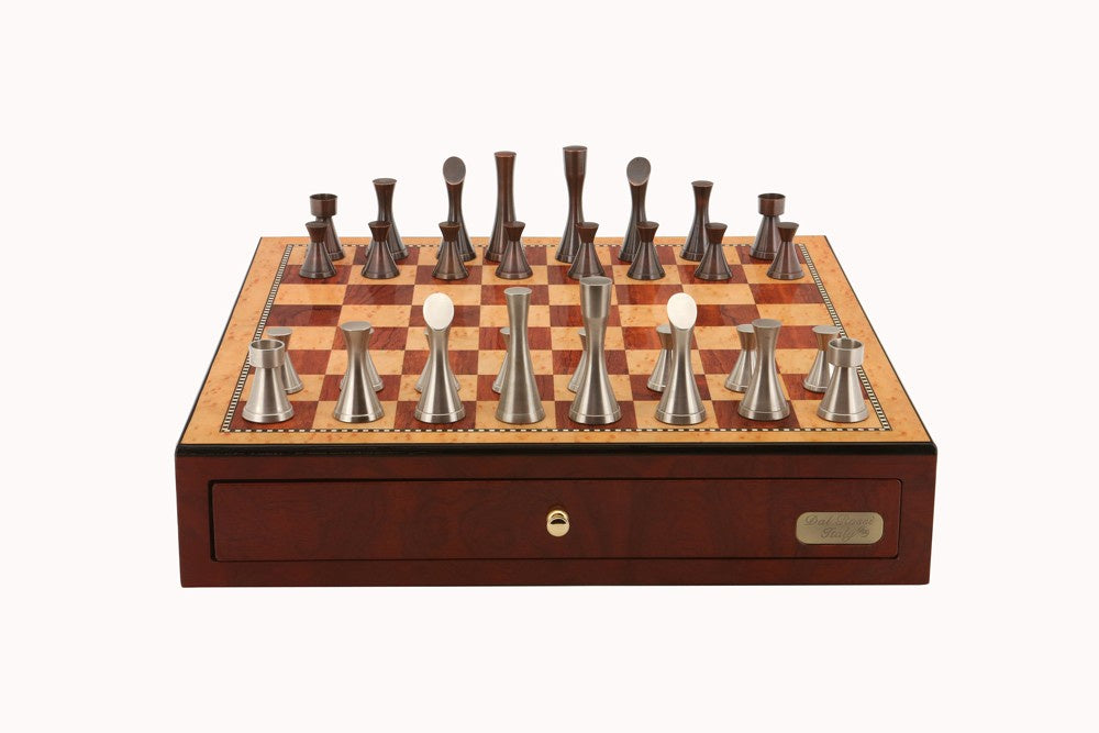 Dal Rossi Chess Set Contemporary Pewter Pieces w/ Red Mahogany Board - Good Games