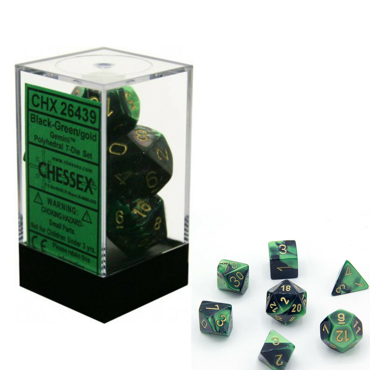 Chessex - Gemini Polyhedral 7-Die Set - Black Green/Gold (CHX26439)