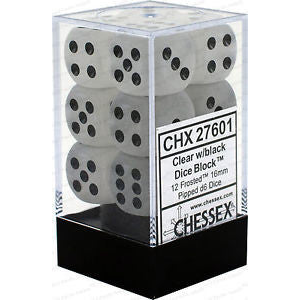 D6 Dice Frosted 16mm Clear/Black (12 Dice in Display)