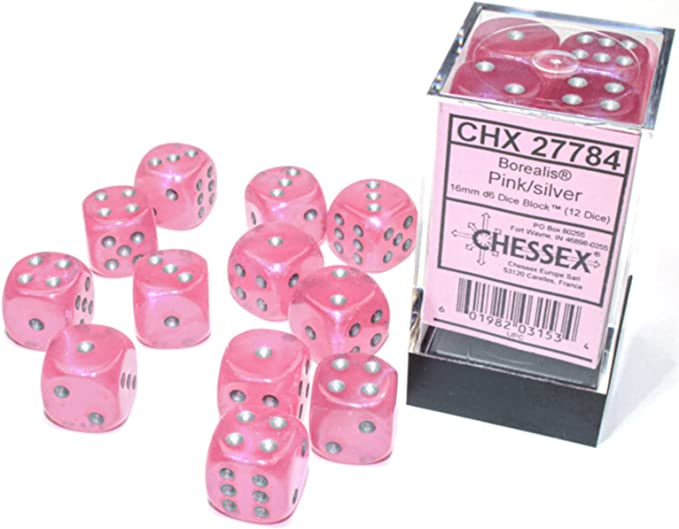 Chessex - Borealis 16mm D6 set - Pink/Silver (12) - Good Games