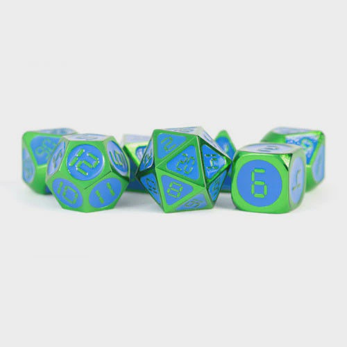 Metallic Dice Games - Digital Enamel Metal Dice Set 16mm - Green with Blue Enamel - Good Games