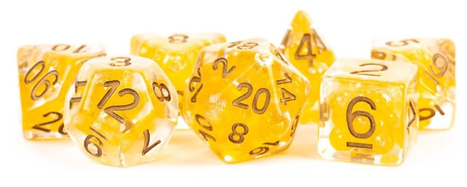 Metallic Dice Games - Resin Polyhedral Dice Set 16mm - Pearl Citrine with Copper Numbers - Good Games