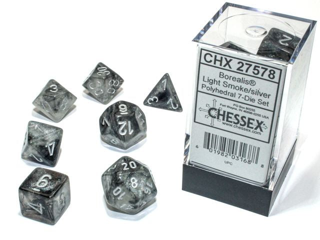 Chessex - Borealis Luminary Polyhedral 7-Die Set - Light Smoke/Silver (CHX27578) - Good Games