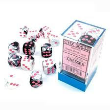 Chessex - Gemini 16mm 12 Die Set - Black/White/Pink (CHX 30044) - Good Games