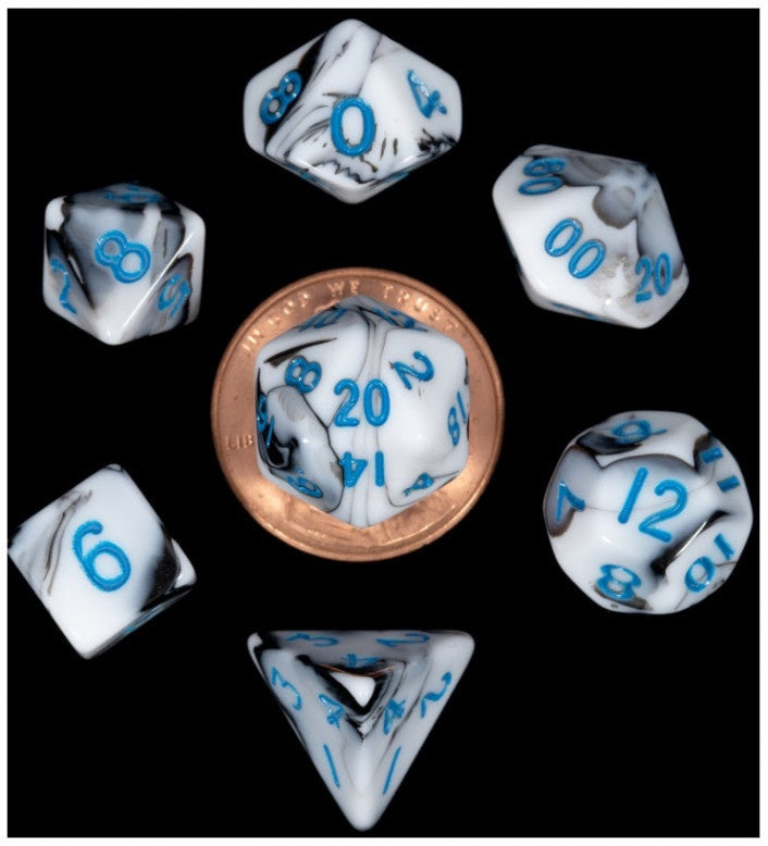 Metallic Dice Games - Mini Polyhedral Dice Set Marble Blue Numbers