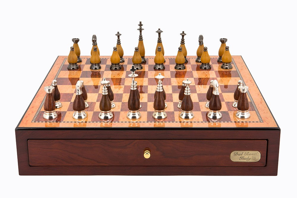 Dal Rossi Metal/Wood Chess Set on Red Mahogany Board - Good Games