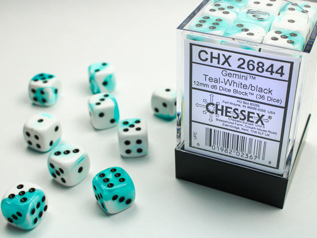 Chessex - Gemini 12mm D6 Set - Teal White/Black (CHX26844) - Good Games