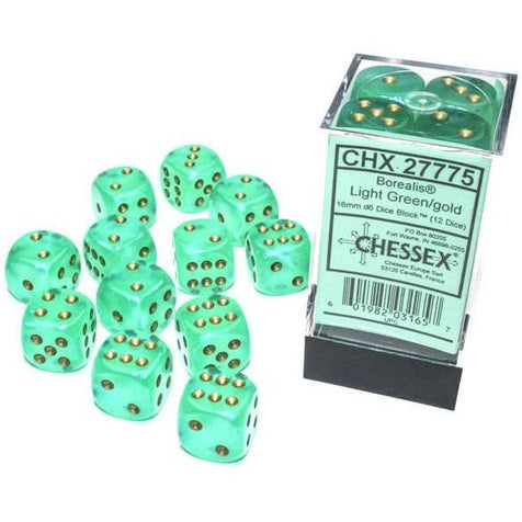 Chessex - Borealis 16mm D6 set - Light Green/Gold (12) (CHX 27775) - Good Games