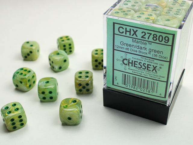 Chessex - Marble 12mm D6 Set - Marble Green/Dark Green (CHX27809) - Good Games