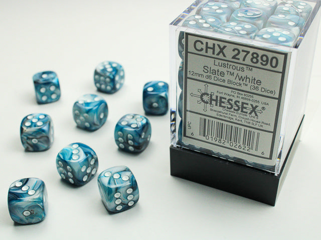 Chessex - Lustrous 12mm D6 Set - Slate/White (CHX27890) - Good Games