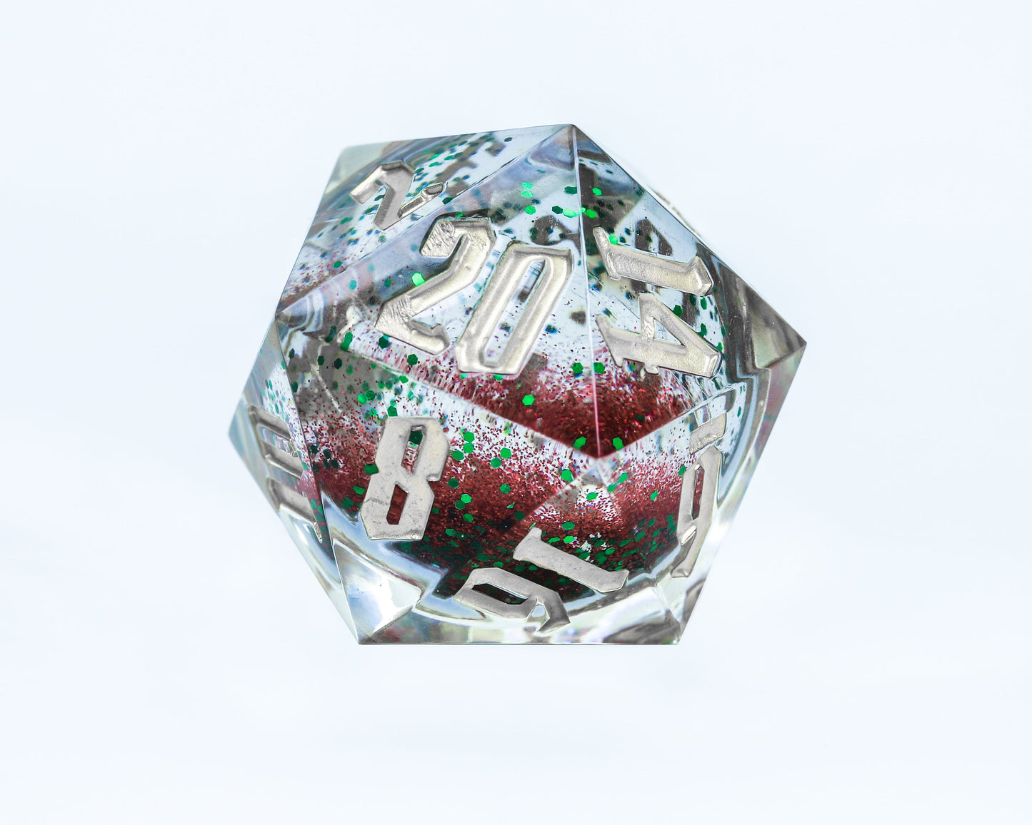 Sirius Dice - Silver ink Red and Green Glitter with Silver Snowflakes D20 Snow Globe - Good Games