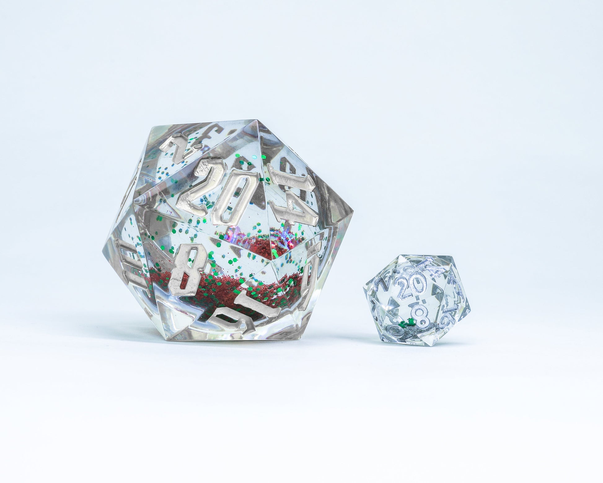 Sirius Dice - Silver ink Red and Green Glitter with Silver Snowflakes D20 Snow Globe - Good Games