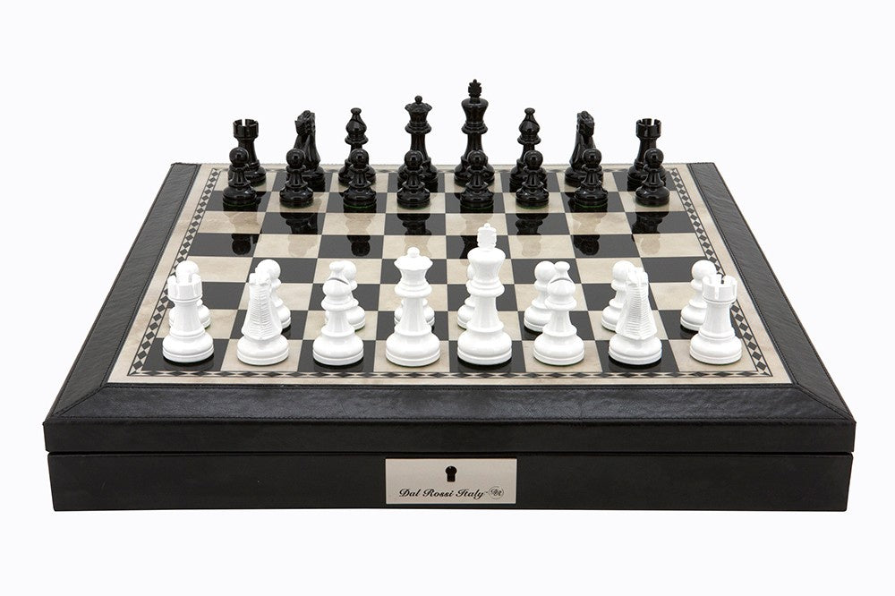 Dal Rossi 18 Chess Set Black and White with PU Leather Edge with compartments and Black and White 85mm Chess Pieces - Good Games