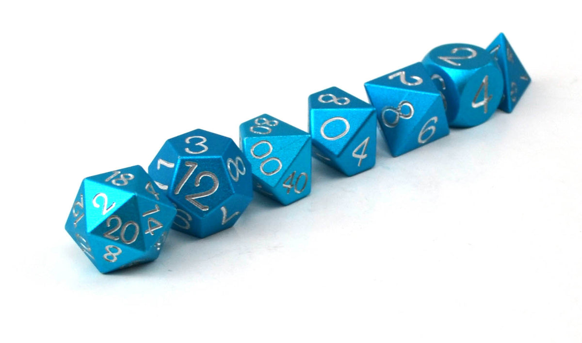 Level Up Dice - Light Blue Solid Single Coloured Aluminium - 7pcs &amp; Pendant
