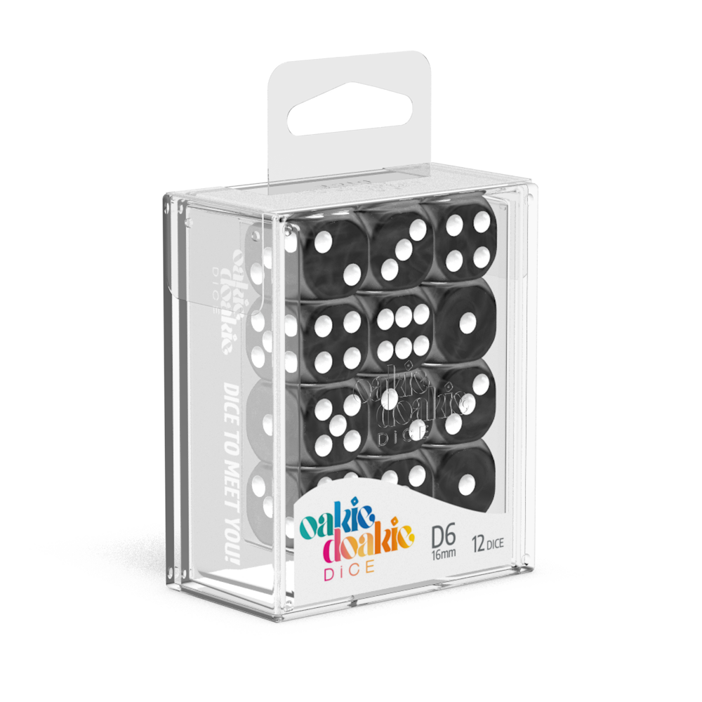 Oakie Doakie Dice - D6 16mm Marble Black (12)