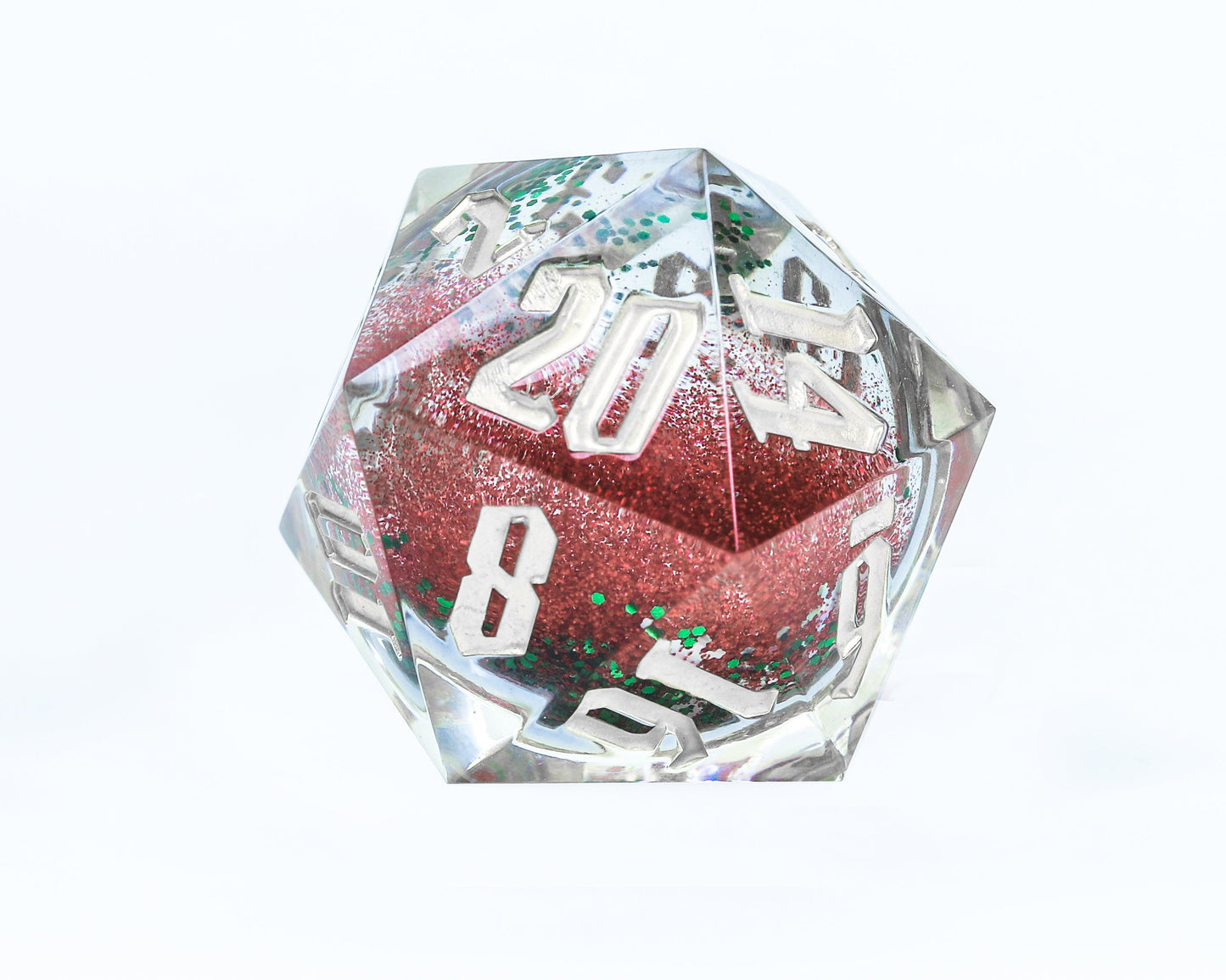 Sirius Dice - Silver ink Red and Green Glitter with Silver Snowflakes D20 Snow Globe - Good Games